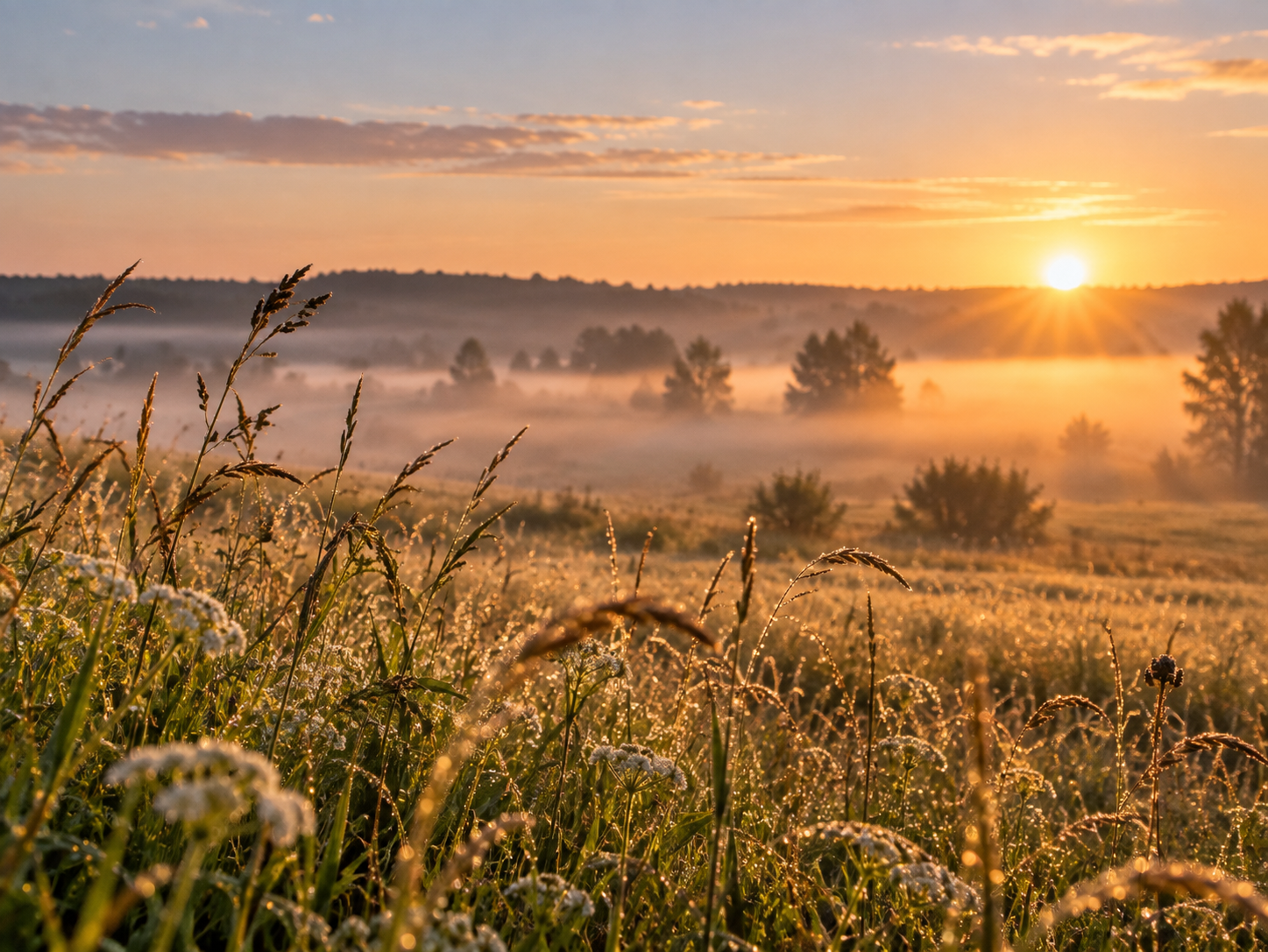 Kultainen auringonnousu, sumuinen laakso ja etualalla heiniä kastepisaroineen lämpimässä valossa.